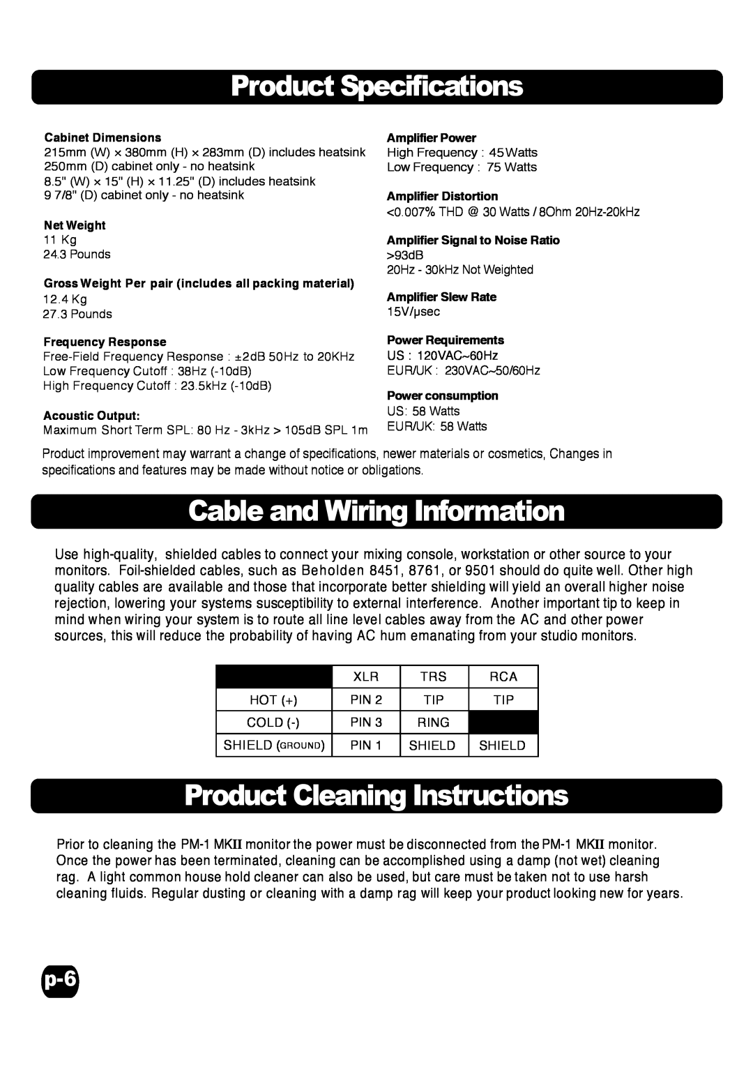 Fostex PM-1MKII specifications Product Specifications, Cable and Wiring Information, Product Cleaning Instructions 