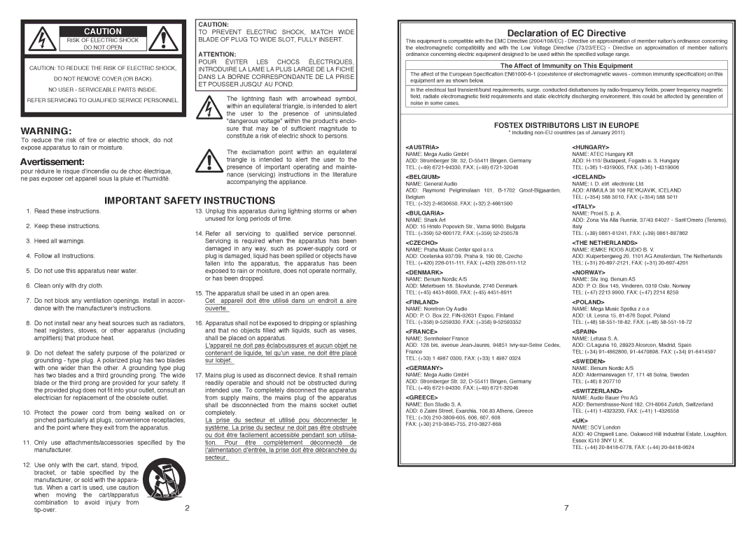 Fostex PM-SUBN owner manual Important Safety Instructions 