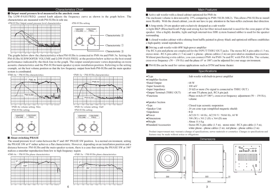 Fostex PM-SUBN owner manual Characteristics Chart, Main Features, Specifications, Dimensions 