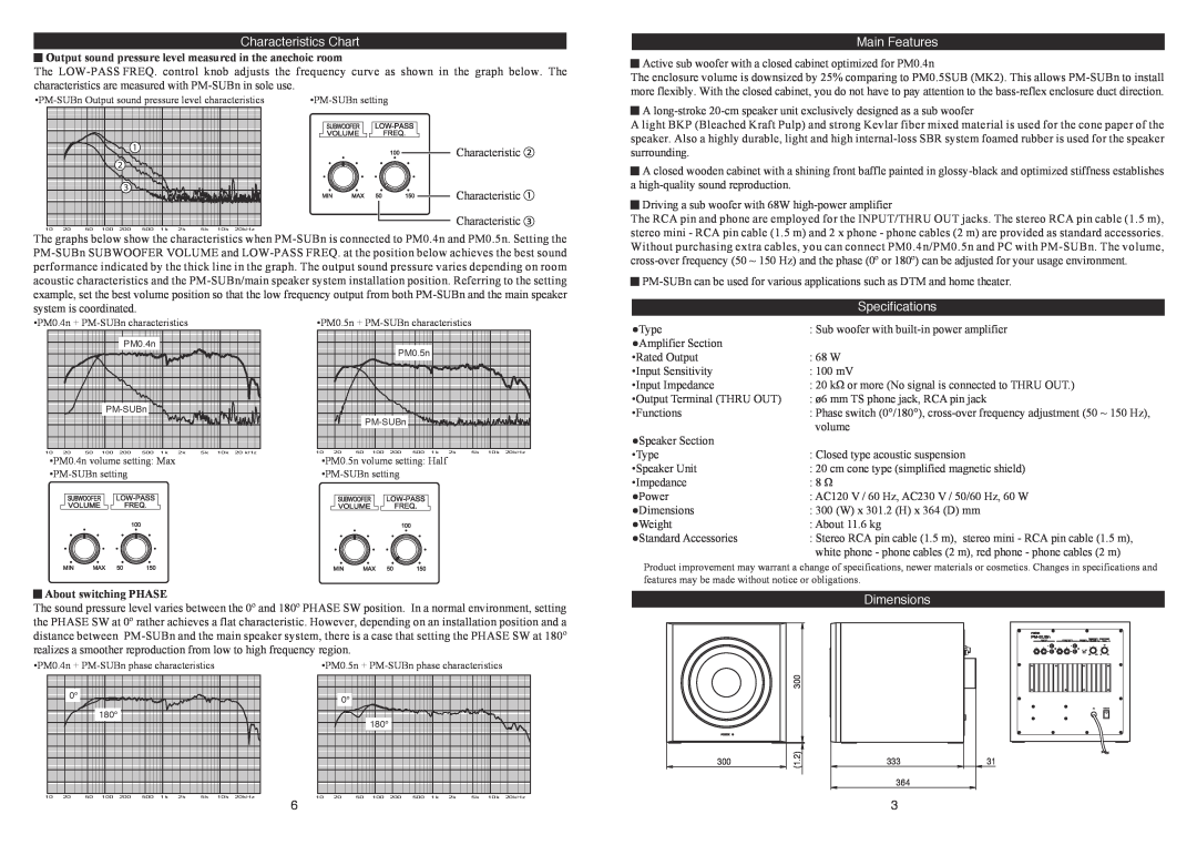 Fostex PM-SUBN owner manual Characteristics Chart, Main Features, Specifications, Dimensions, About switching PHASE 