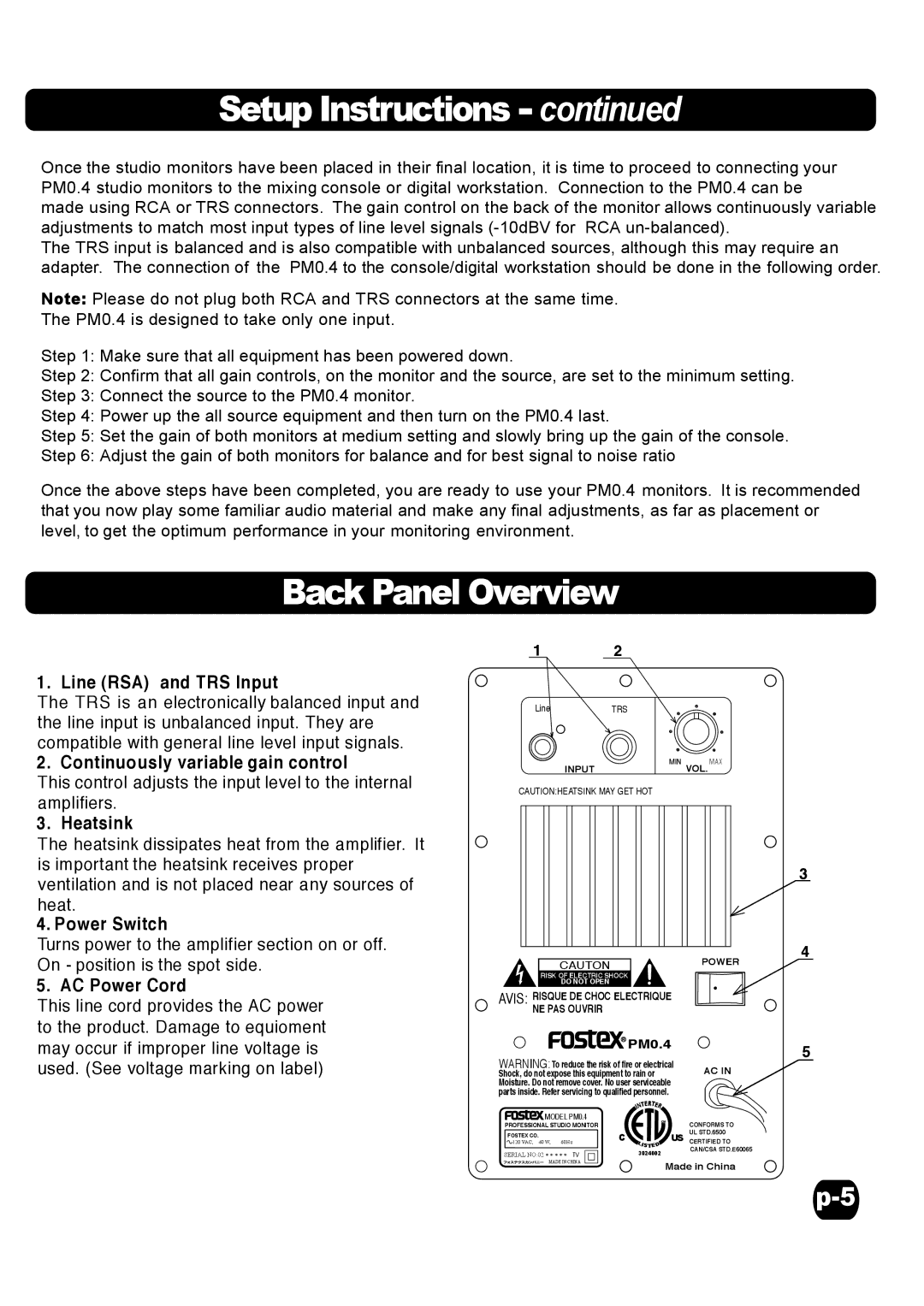 Fostex PM0.4 specifications Setup Instructions, Back Panel Overview 