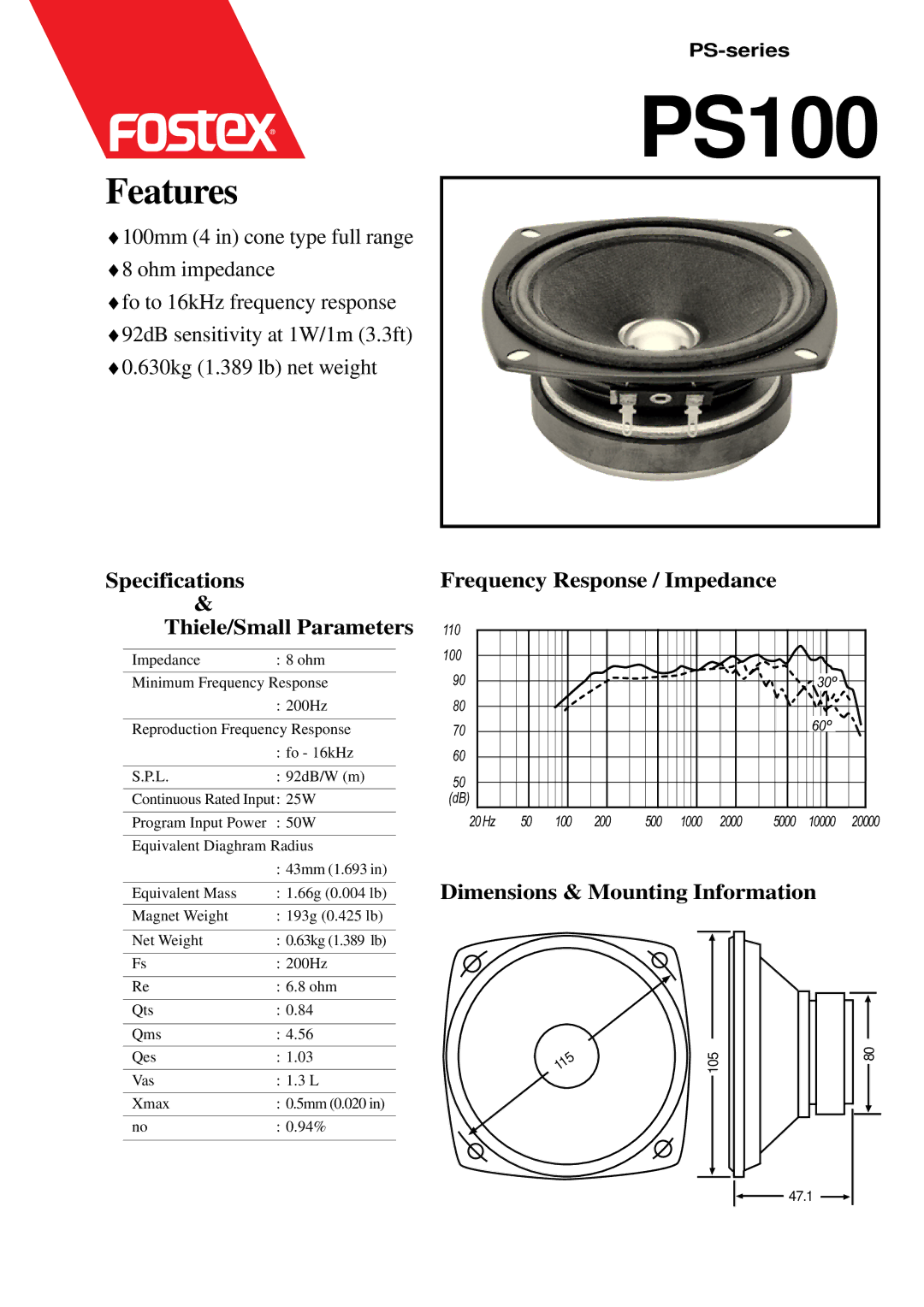 Fostex PS100 dimensions Features, Dimensions & Mounting Information 