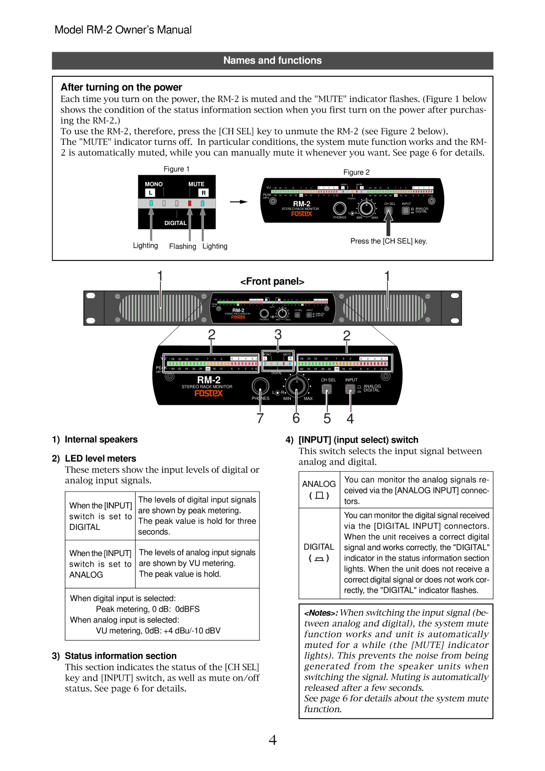 Fostex RM-2 owner manual Names and functions, After turning on the power, Front panel 