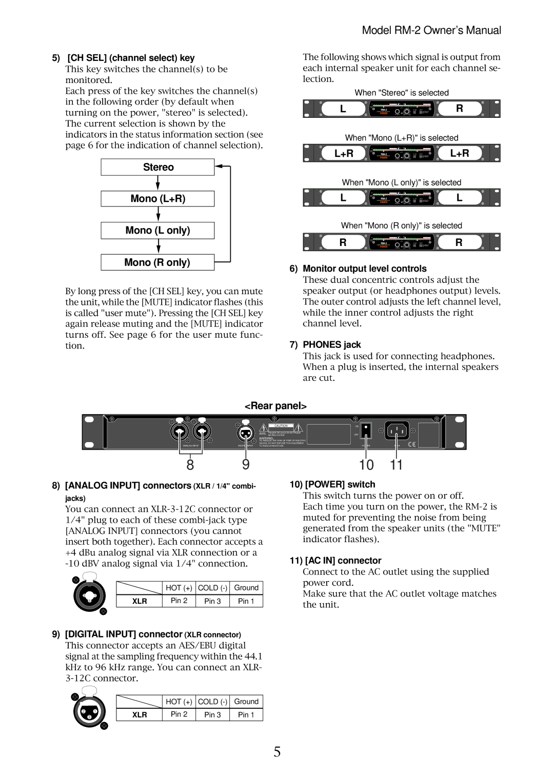 Fostex RM-2 owner manual Stereo Mono L+R Mono L only Mono R only, Rear panel 