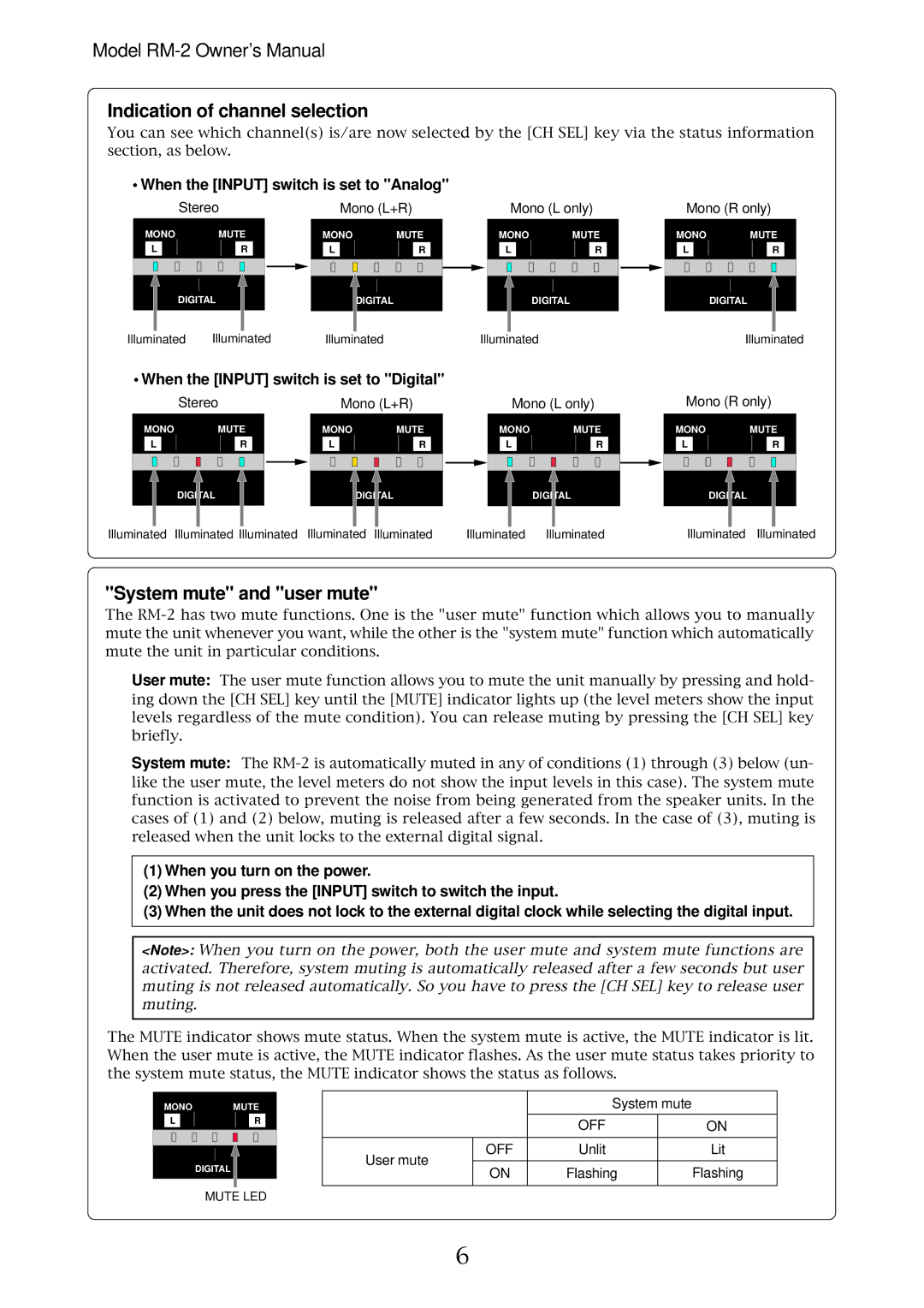 Fostex RM-2 owner manual When the Input switch is set to Analog, When the Input switch is set to Digital, Off 