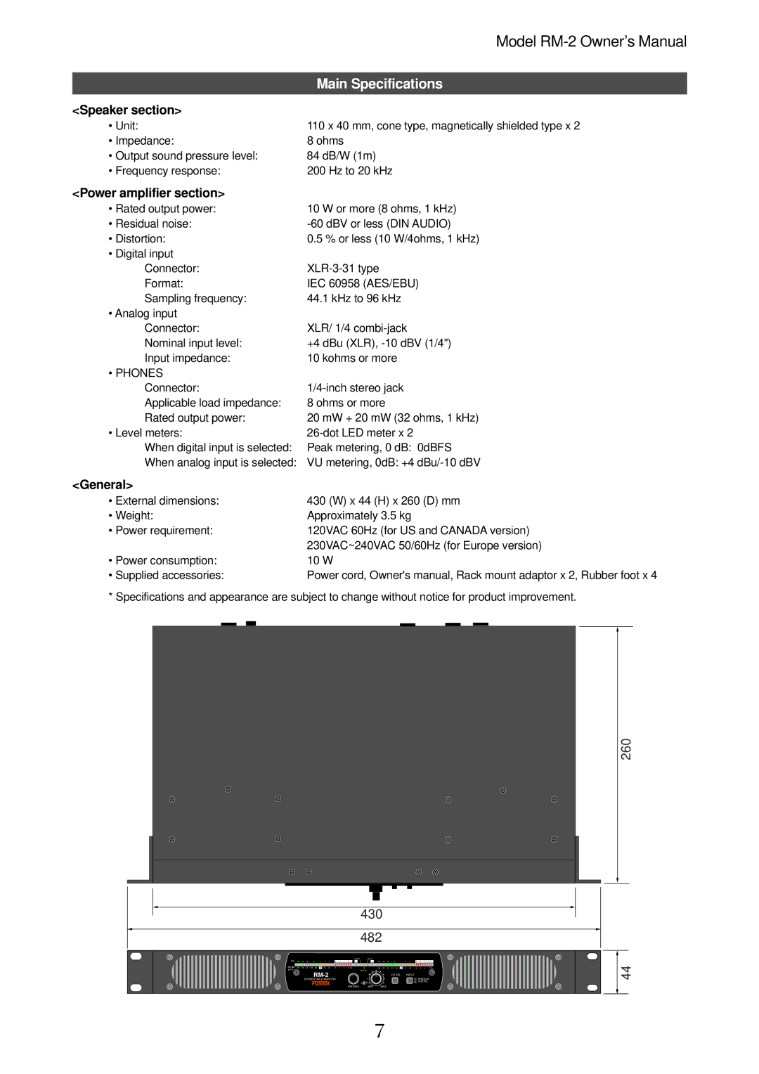 Fostex RM-2 owner manual Main Specifications, Speaker section, Power amplifier section, General, Phones 