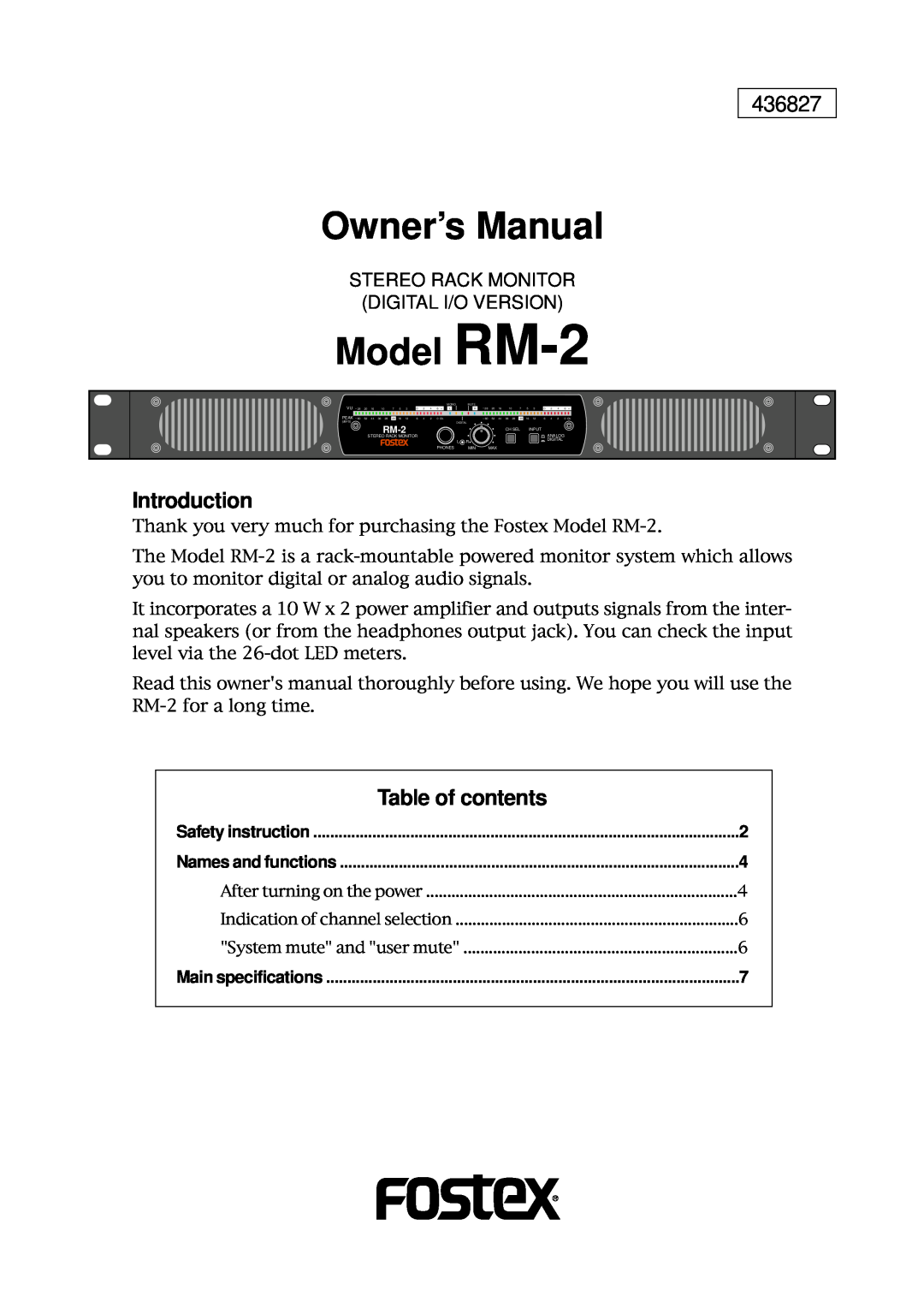 Fostex owner manual Stereo Rack Monitor Digital I/O Version, Model RM-2, 436827, Introduction, Table of contents 
