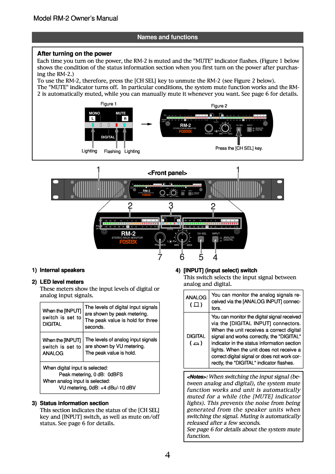 Fostex RM-2 owner manual Names and functions, After turning on the power, Front panel, 1Internal speakers 2LED level meters 