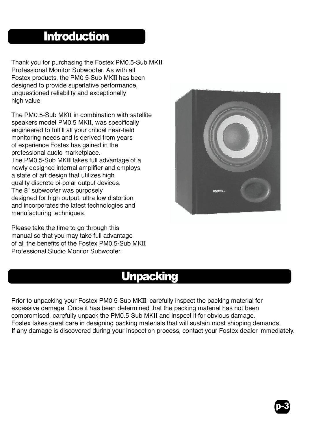 Fostex Speaker specifications Introduction, Unpacking 