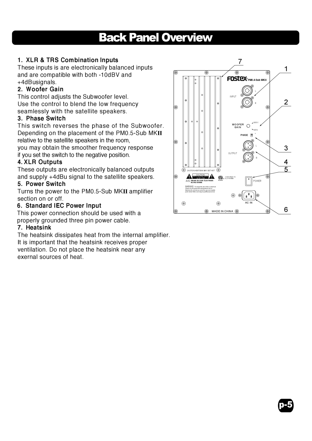 Fostex Speaker specifications Back Panel Overview, XLR & TRS Combination Inputs 