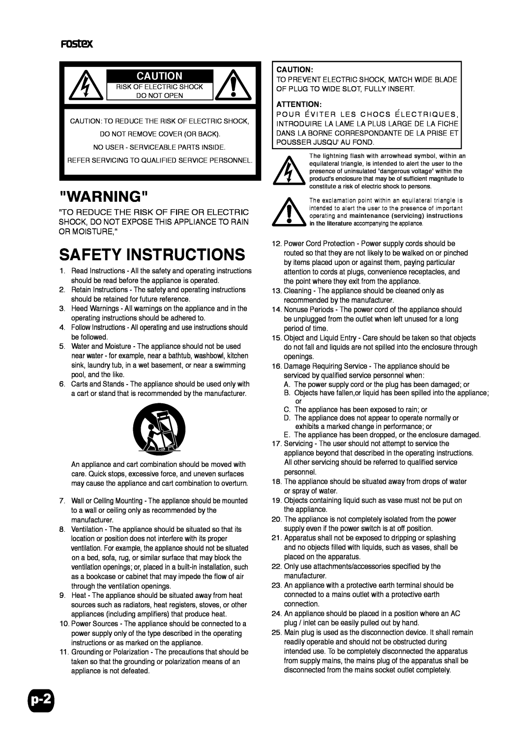 Fostex Speaker specifications Safety Instructions 