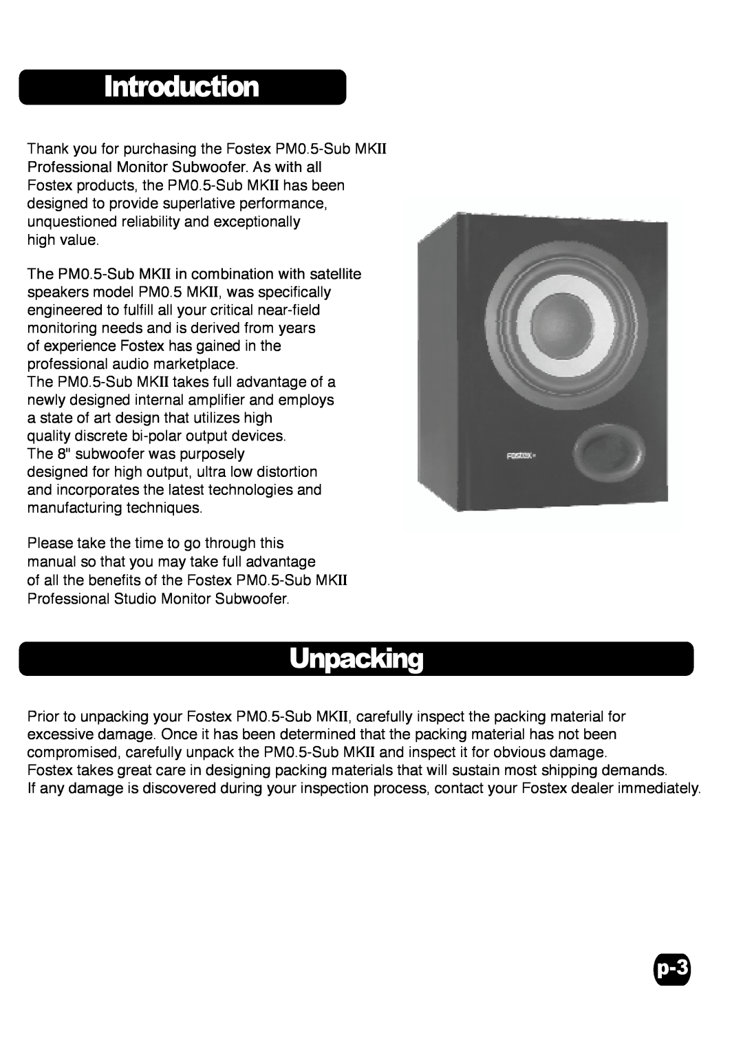 Fostex Speaker specifications Unpacking, Introduction 