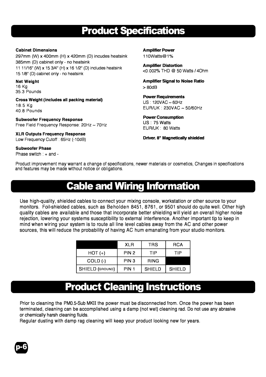 Fostex Speaker specifications Product Specifications, Cable and Wiring Information, Product Cleaning Instructions 