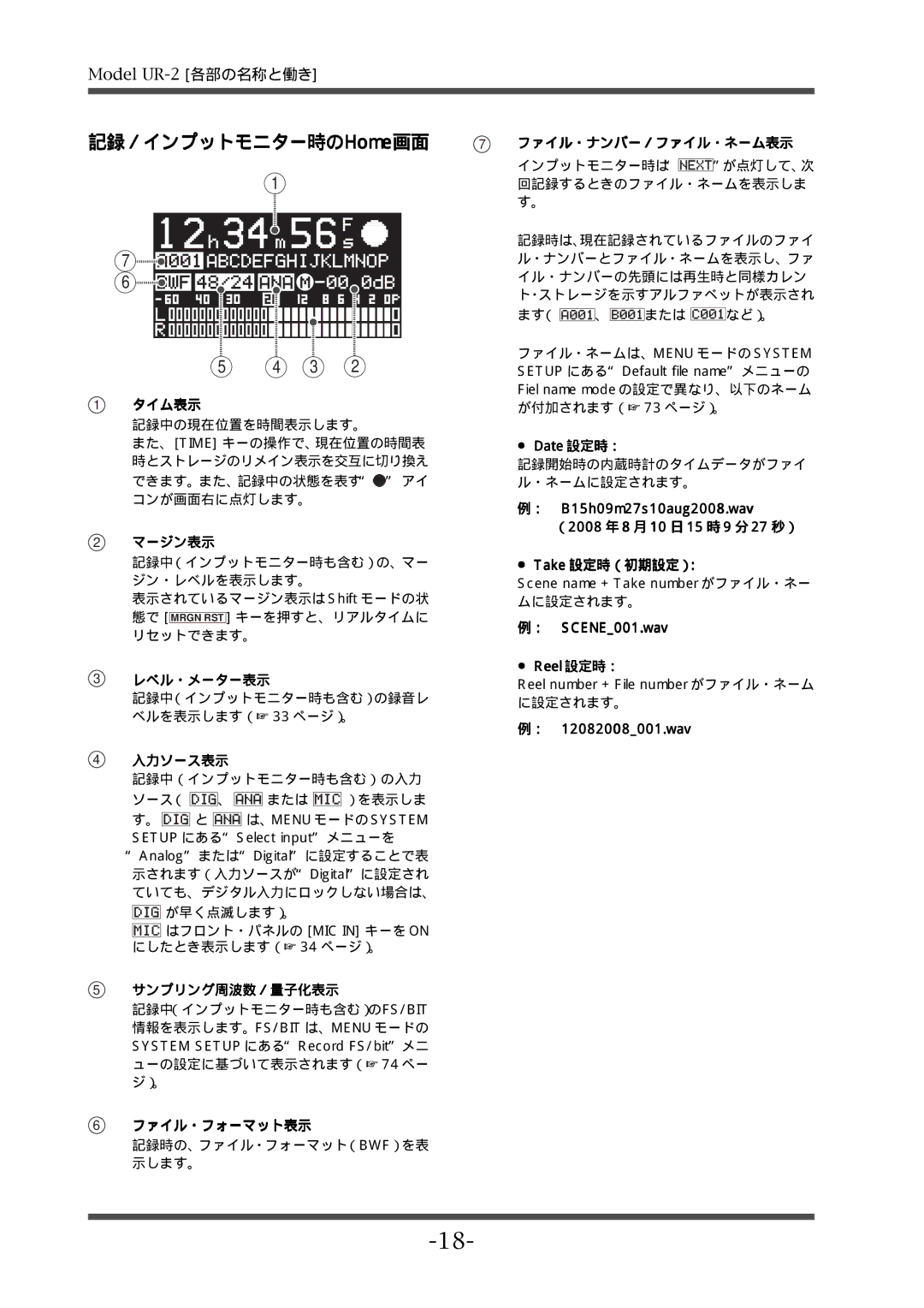 Fostex UR-2 manual 記録／インプットモニター時のHome画面 7 ファイル・ナンバー／ファイル・ネーム表示, マージン表示, 入力ソース表示, Take 設定時（初期設定）： 