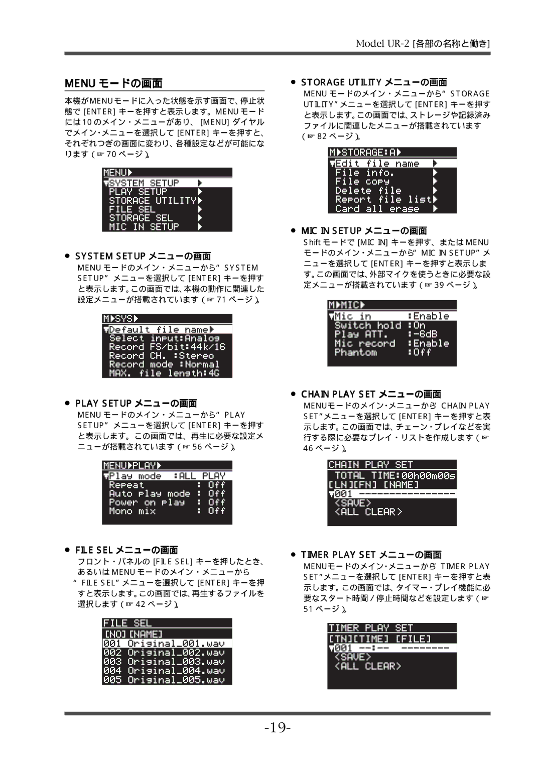 Fostex UR-2 manual Menu モードの画面, System Setup メニューの画面 