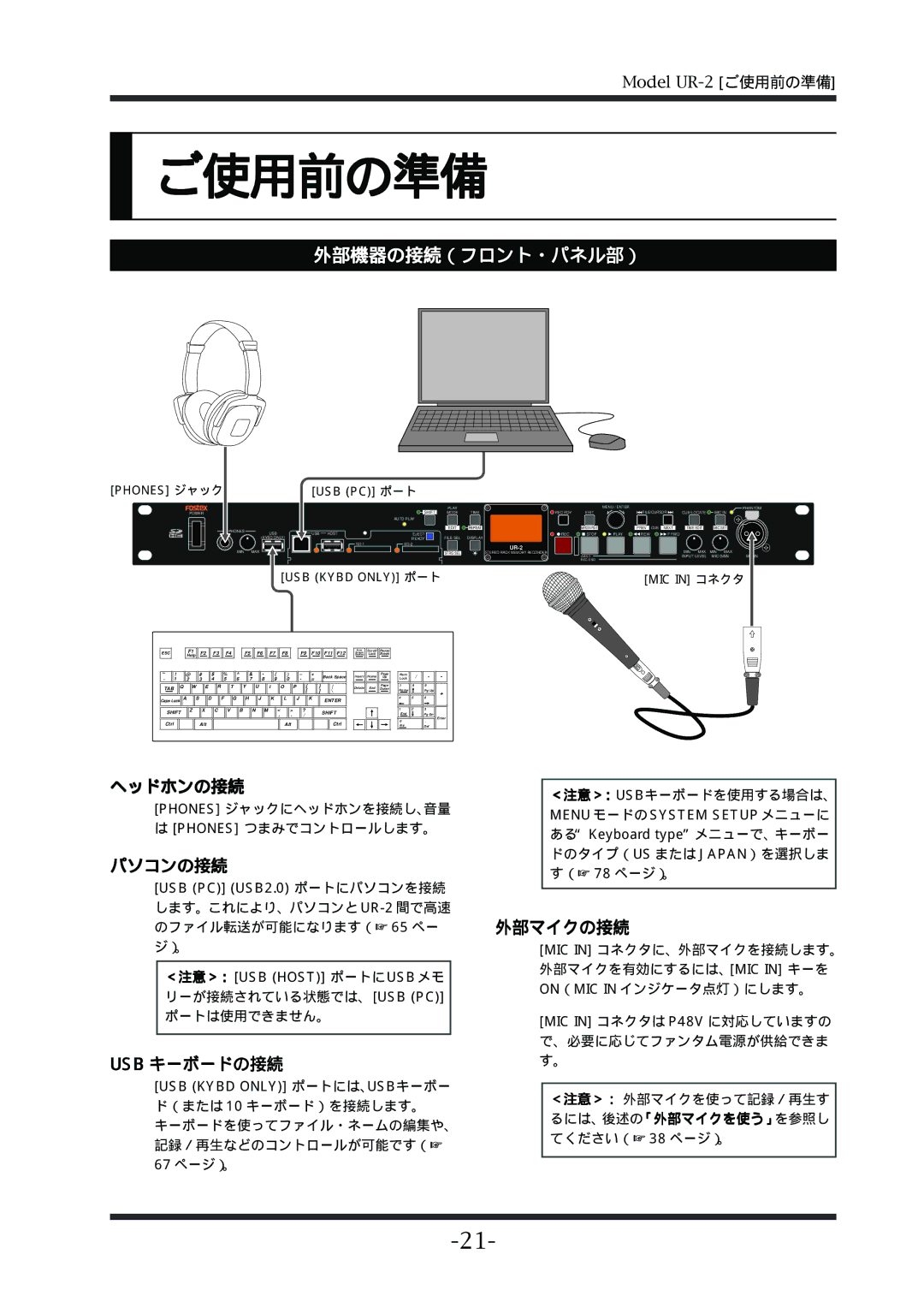 Fostex UR-2 manual ご使用前の準備, 外部機器の接続（フロント・パネル部） 