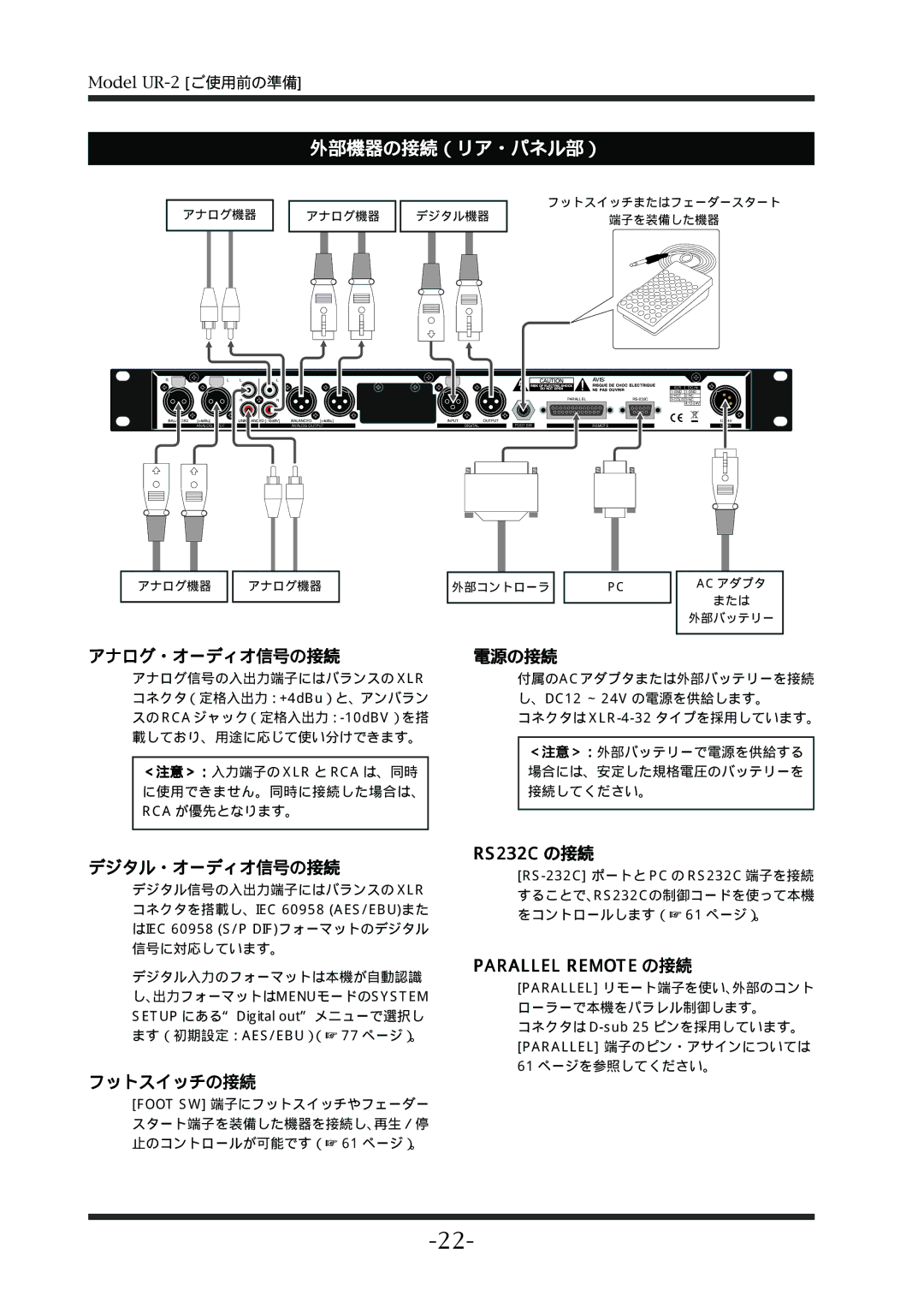 Fostex UR-2 manual 外部機器の接続（リア・パネル部）, アナログ・オーディオ信号の接続電源の接続, デジタル・オーディオ信号の接続, フットスイッチの接続 