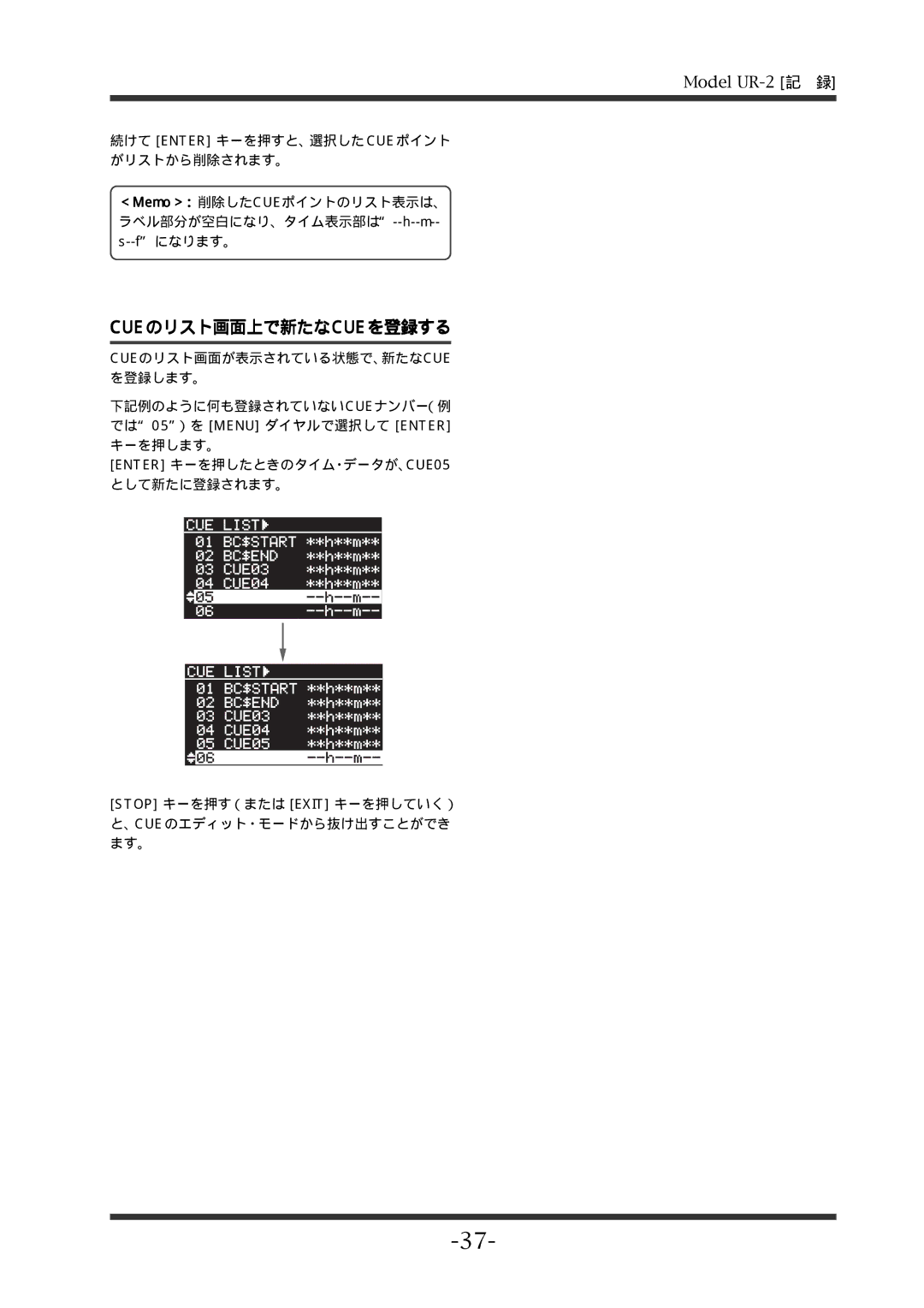 Fostex UR-2 manual Cueのリスト画面上で新たなcueを登録する 