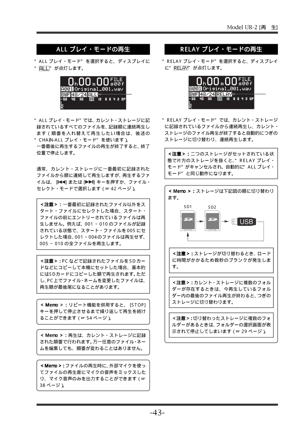 Fostex UR-2 manual All プレイ・モードの再生, Relay プレイ・モードの再生 