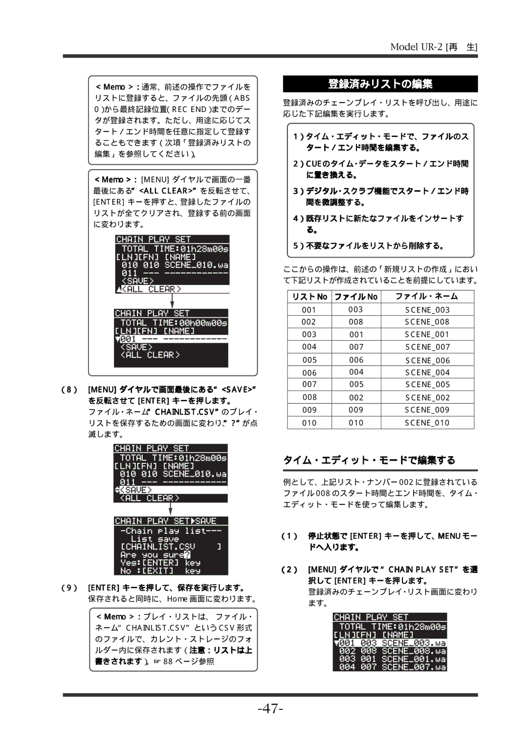 Fostex UR-2 登録済みリストの編集, タイム・エディット・モードで編集する, を反転させて Enter キーを押します。, リスト No ファイル No ファイル・ネーム, （9） Enter キーを押して、保存を実行します。 