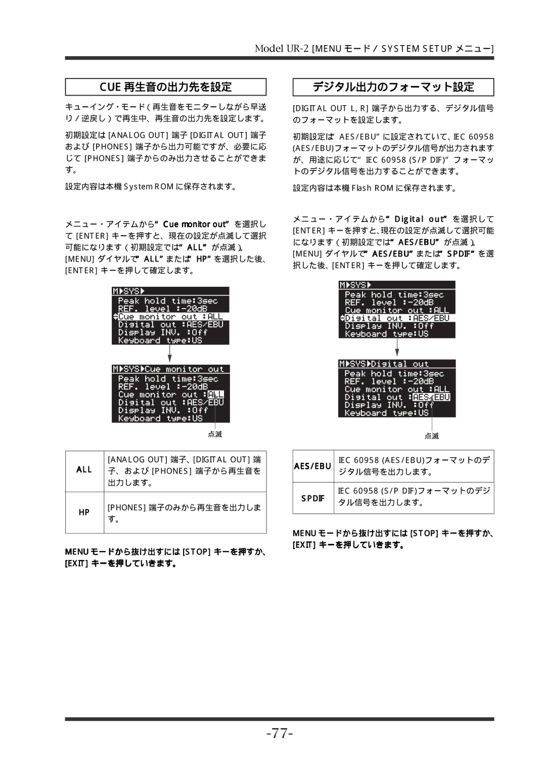 Fostex UR-2 manual Cue 再生音の出力先を設定, デジタル出力のフォーマット設定, メニュー・アイテムからCue monitor outを選択し, Menu ダイヤルでAES/EBUまたはSPDIFを選 