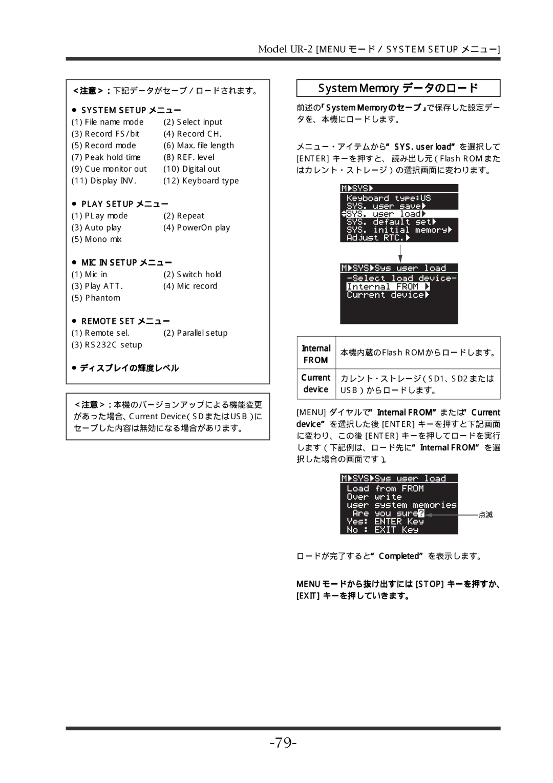 Fostex UR-2 manual System Setup メニュー, Play Setup メニュー, MIC in Setup メニュー, Remote SET メニュー, ディスプレイの輝度レベル 