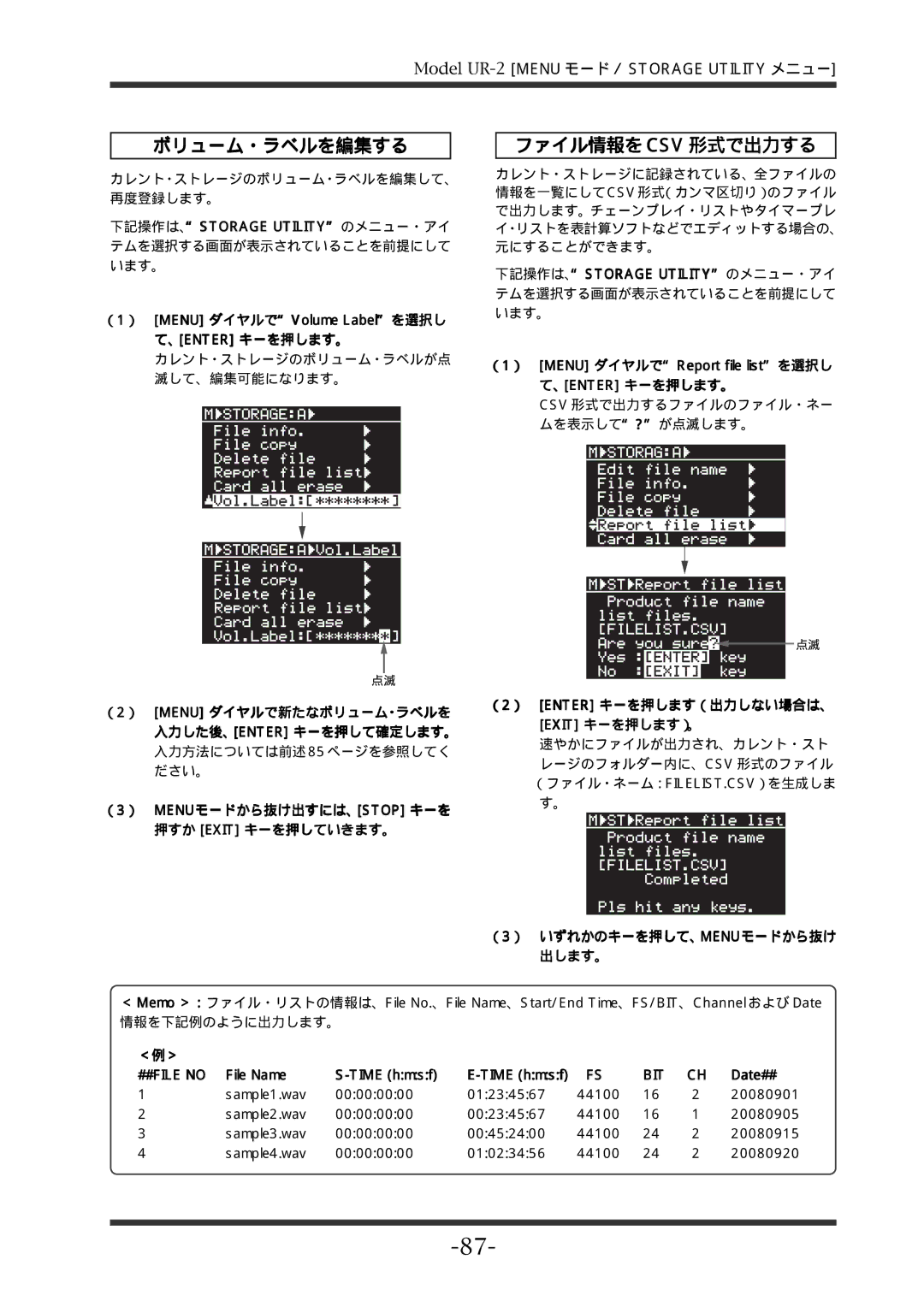 Fostex UR-2 manual ボリューム・ラベルを編集する, ファイル情報を Csv 形式で出力する, （2） Menu ダイヤルで新たなボリューム・ラベルを 入力した後、ENTER キーを押して確定します。, ＜例＞ 