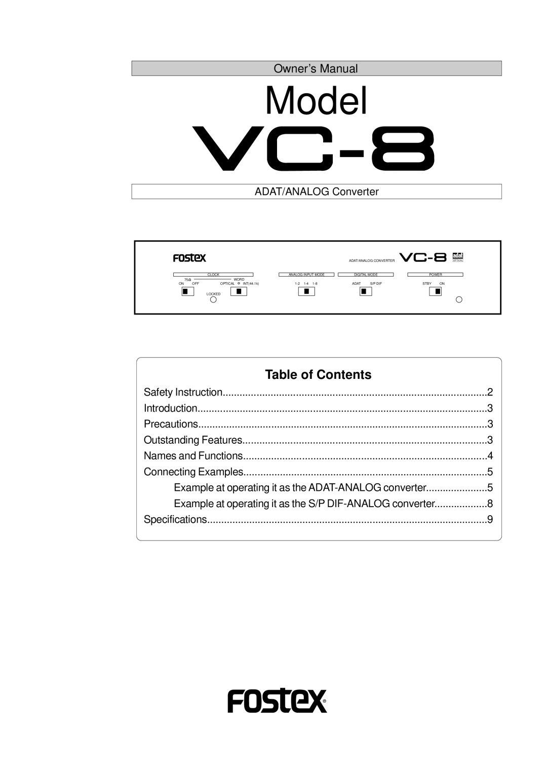 Fostex VC-8 owner manual Model, Table of Contents 