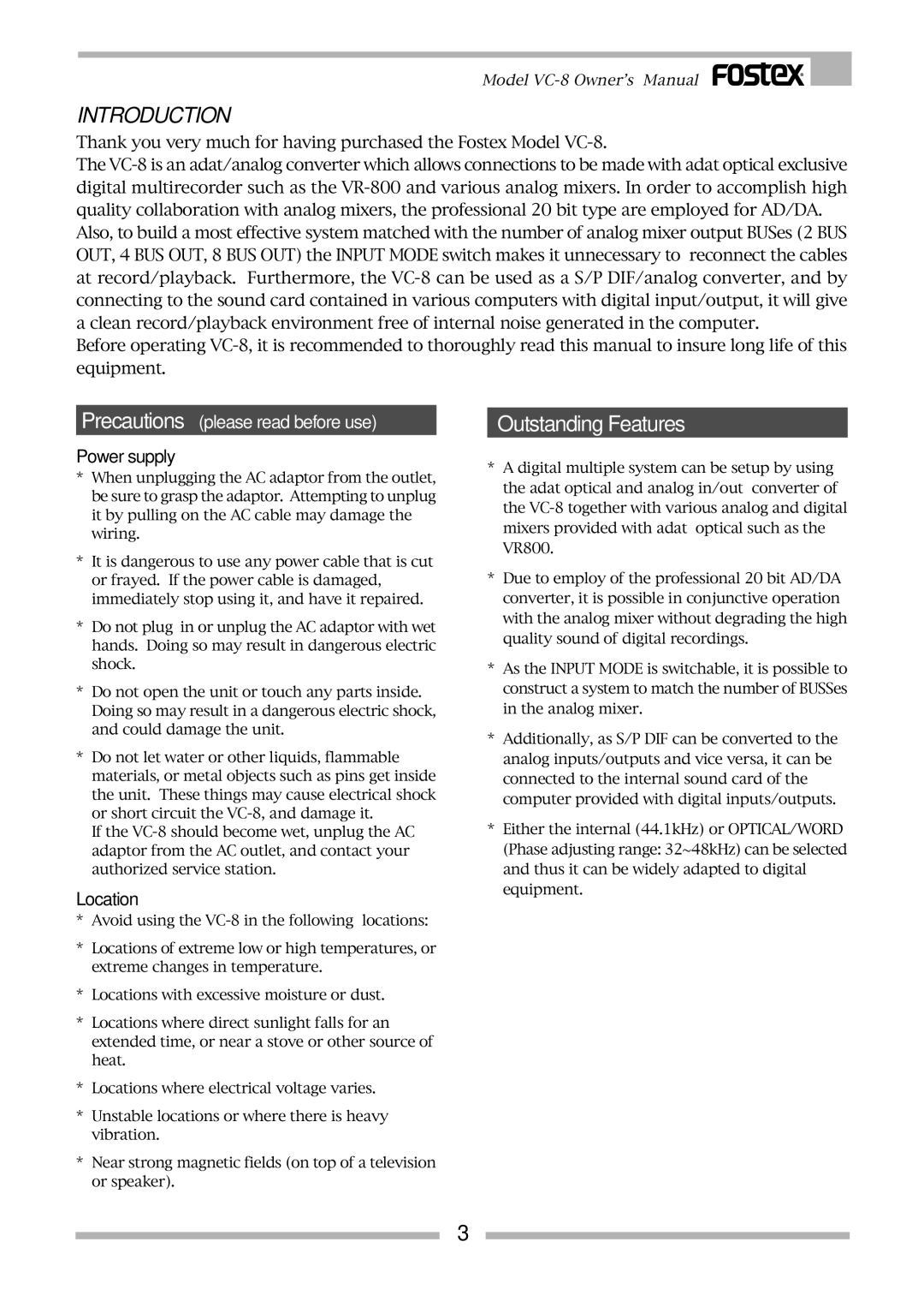 Fostex VC-8 owner manual Introduction, Outstanding Features 