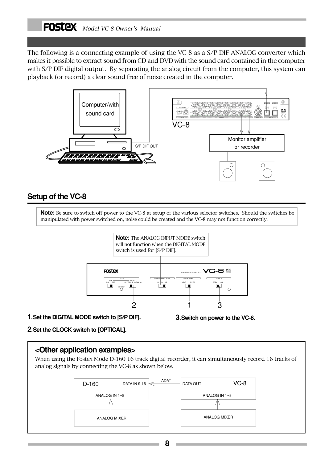 Fostex VC-8 owner manual Example at operating it as the S/P DIF-ANALOG converter, Other application examples 