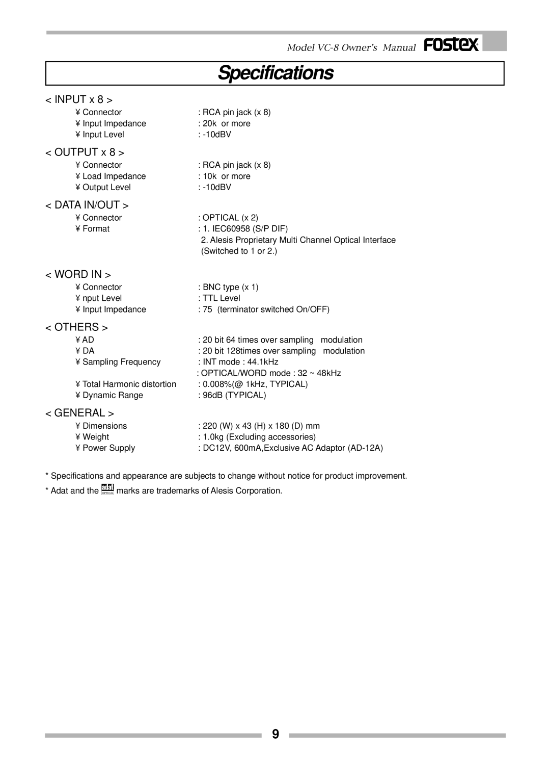 Fostex VC-8 owner manual Specifications, Data IN/OUT 