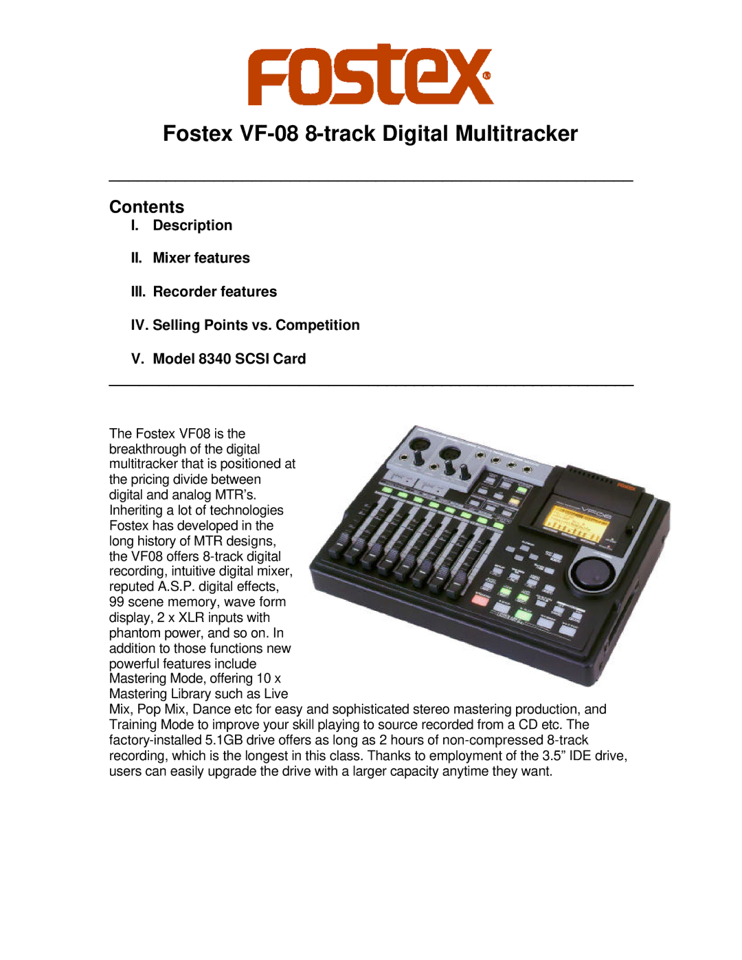 Fostex manual Fostex VF-08 8-track Digital Multitracker, Contents 