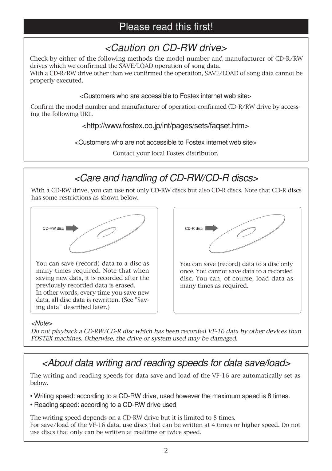 Fostex VF-16 owner manual Please read this first, Care and handling of CD-RW/CD-R discs 