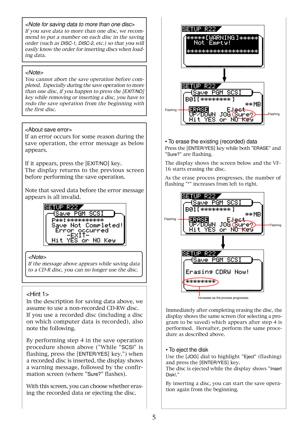 Fostex VF-16 owner manual Hint, About save error, To erase the existing recorded data, To eject the disk, Disk 