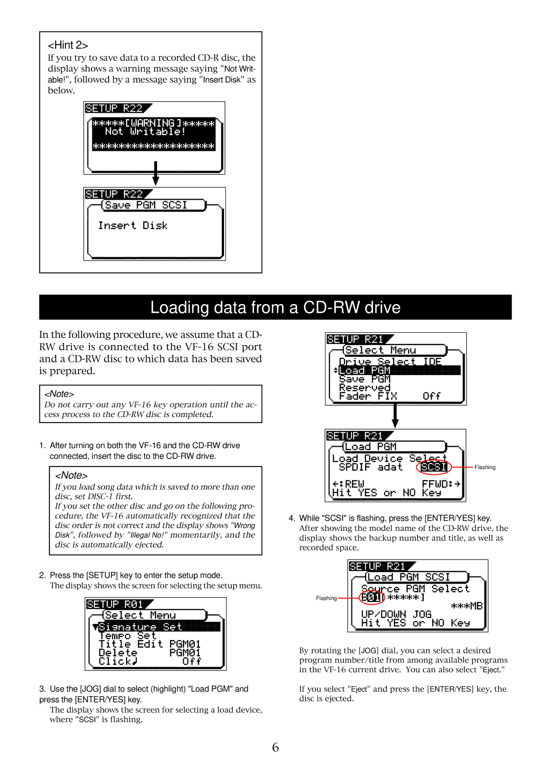 Fostex VF-16 owner manual Loading data from a CD-RW drive, Press the Setup key to enter the setup mode 