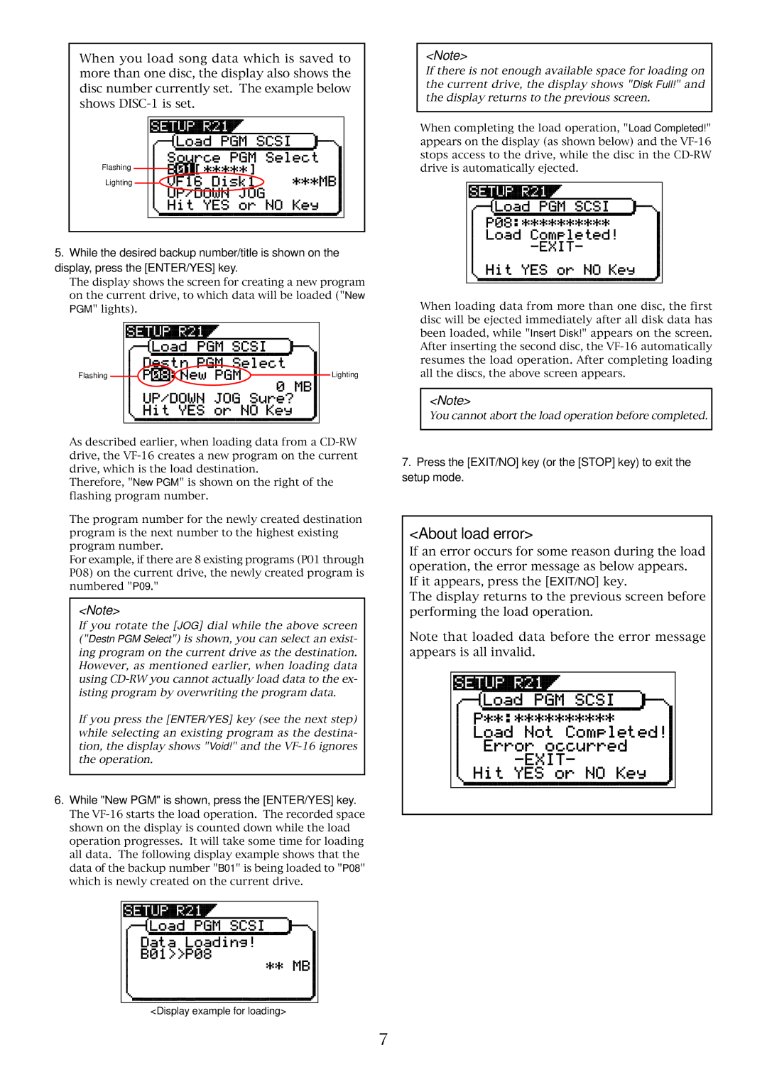 Fostex VF-16 owner manual About load error, While New PGM is shown, press the ENTER/YES key 