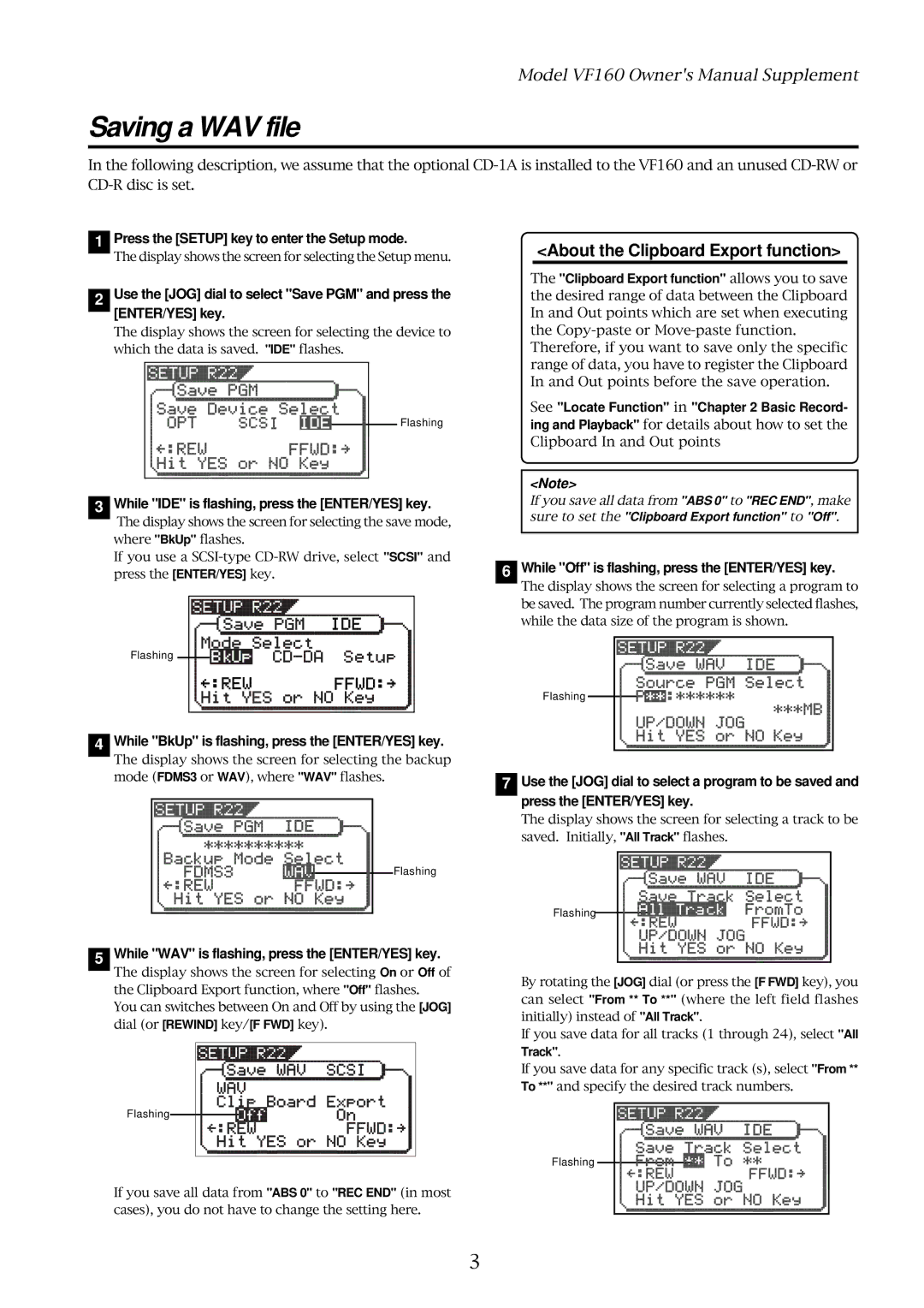Fostex VF160 owner manual Saving a WAV file, Press the Setup key to enter the Setup mode, Track 