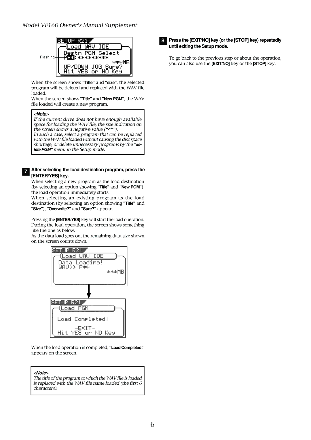 Fostex VF160 owner manual Size, Overwrite? and Sure? appear 