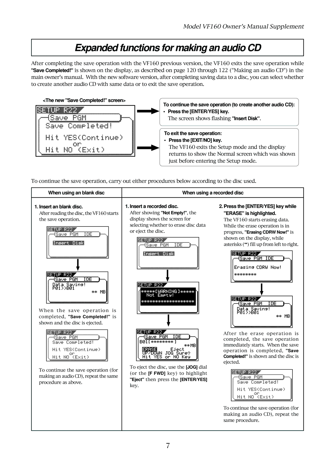 Fostex VF160 owner manual Expanded functions for making an audio CD, To exit the save operation Press the EXIT/NO key 