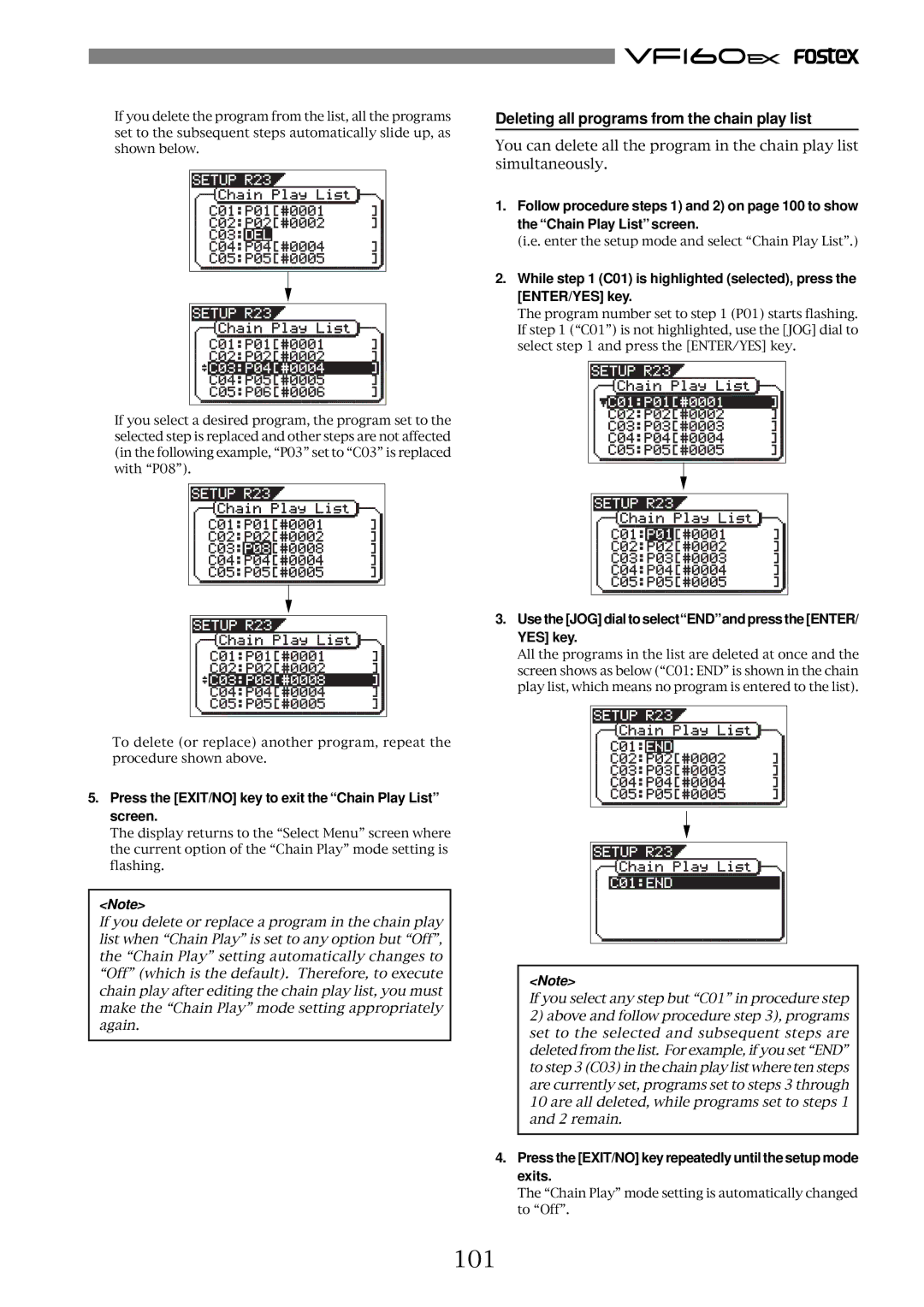 Fostex VF160EX operation manual 101, Deleting all programs from the chain play list 