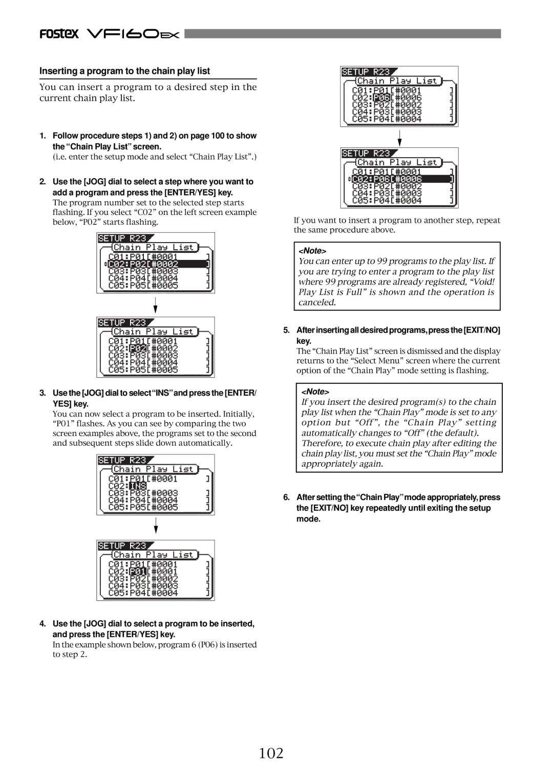 Fostex VF160EX 102, Inserting a program to the chain play list, Use the JOG dial to selectINSand press the ENTER/ YES key 