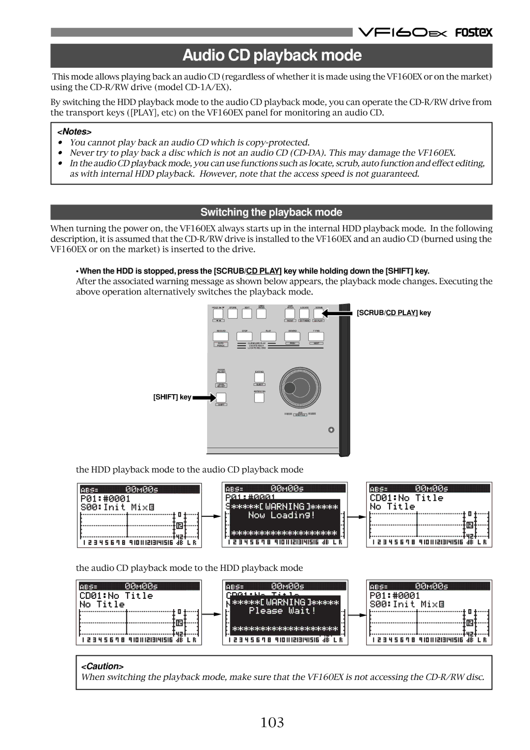 Fostex VF160EX operation manual Audio CD playback mode, 103, SCRUB/CD Play key, Shift key 