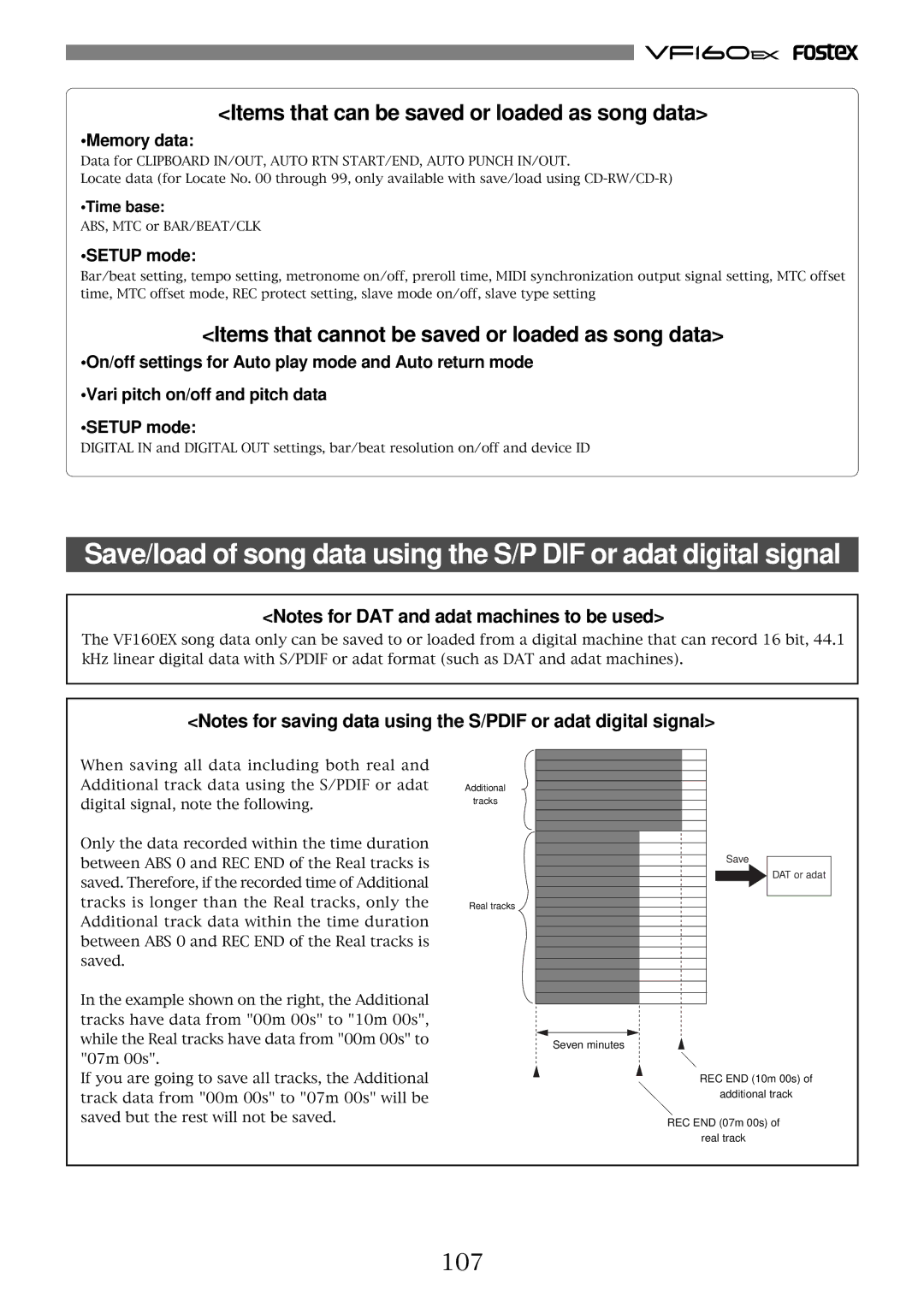 Fostex VF160EX Items that can be saved or loaded as song data, Items that cannot be saved or loaded as song data, 107 