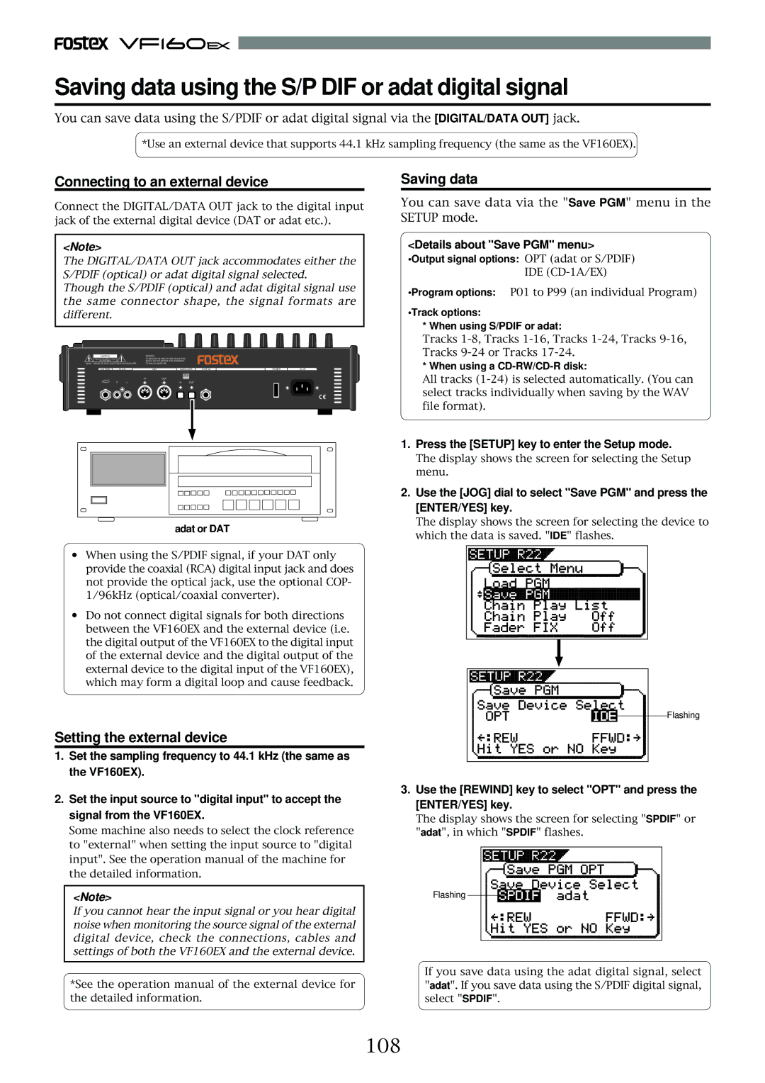 Fostex VF160EX operation manual 108, Connecting to an external device, Saving data, Setting the external device 