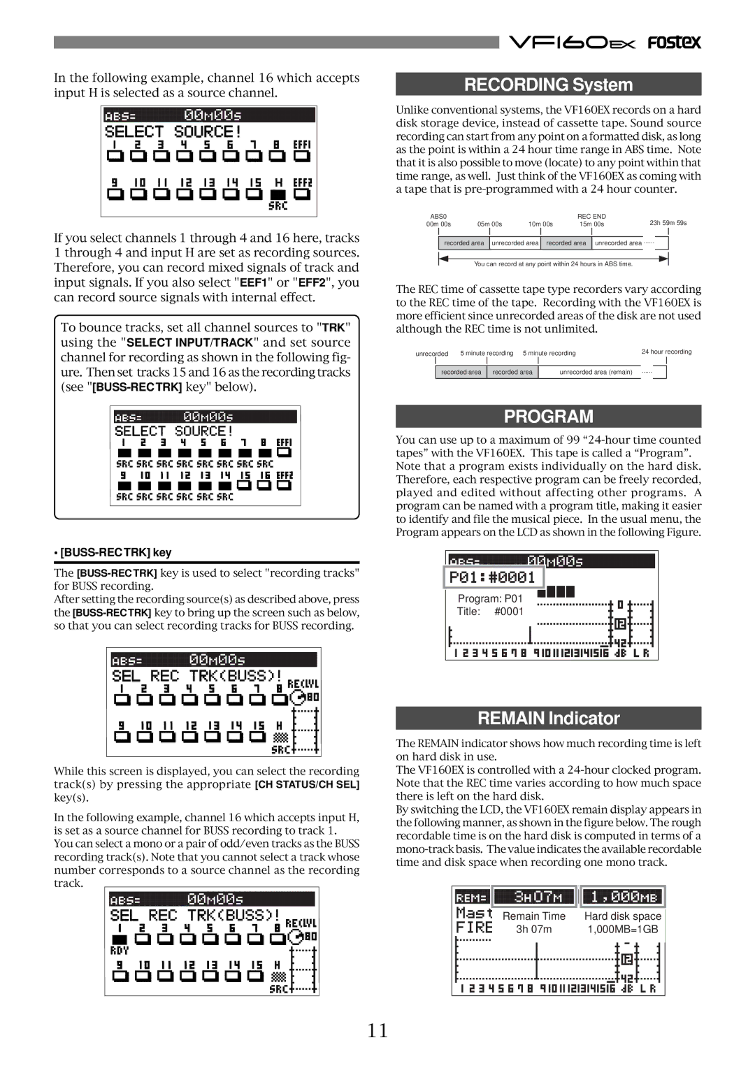 Fostex VF160EX operation manual Recording System, Remain Indicator, BUSS-REC TRK key 