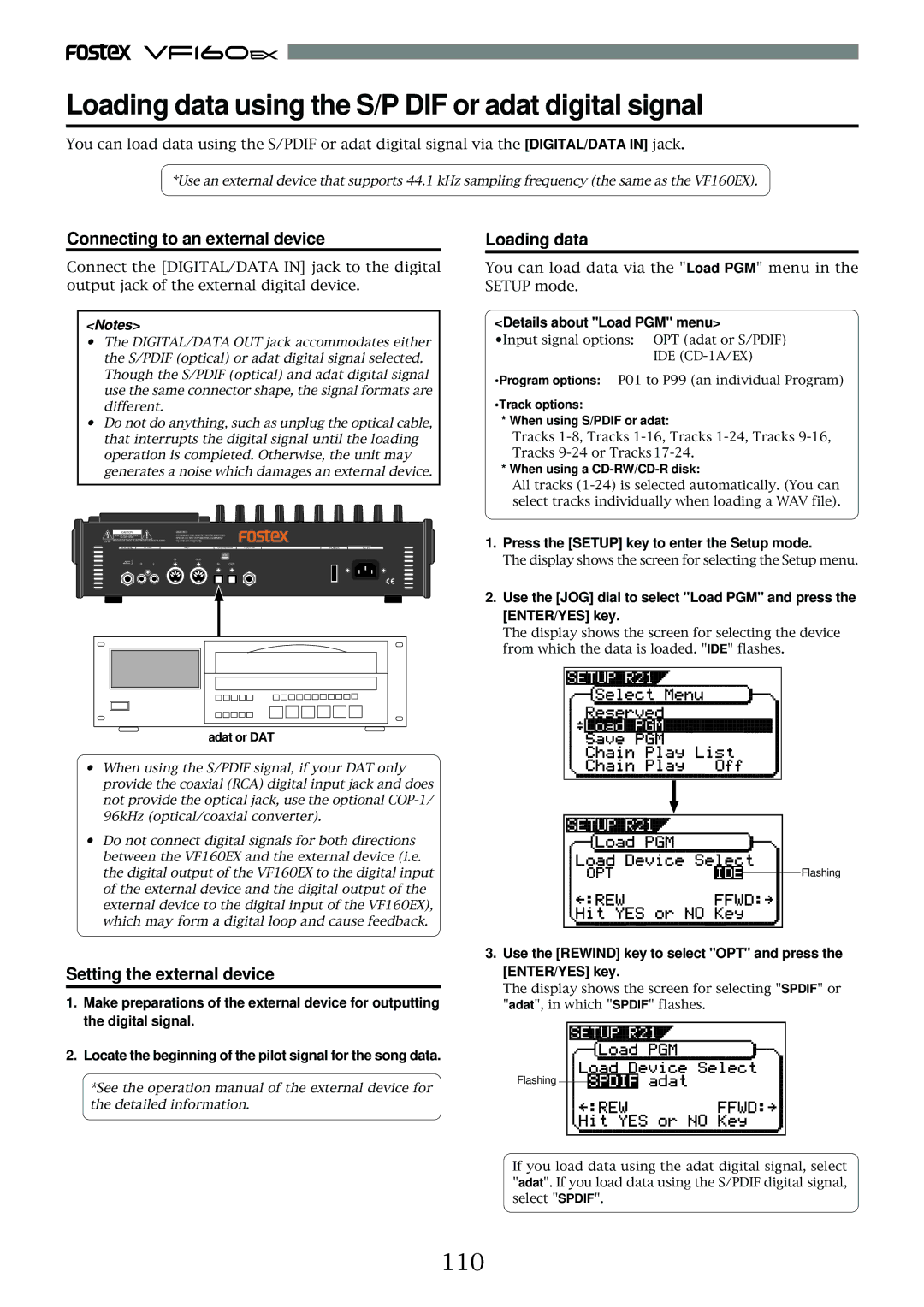 Fostex VF160EX 110, Loading data, Details about Load PGM menu, Locate the beginning of the pilot signal for the song data 