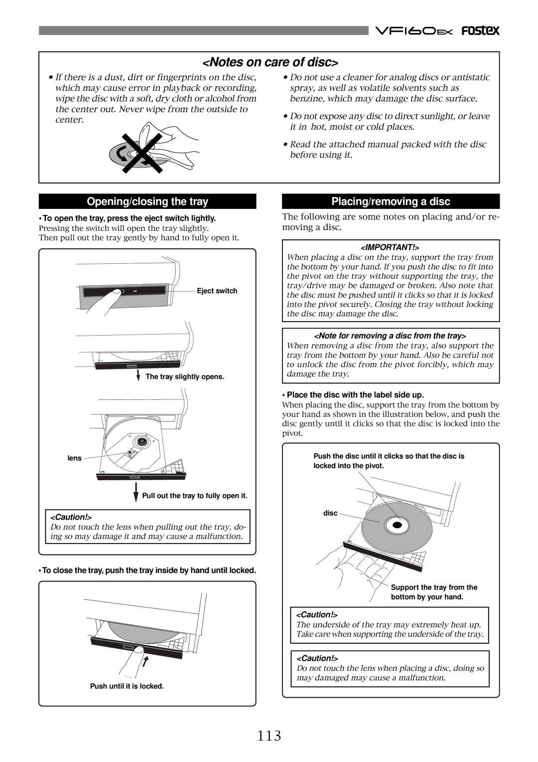 Fostex VF160EX 113, To open the tray, press the eject switch lightly, Place the disc with the label side up 