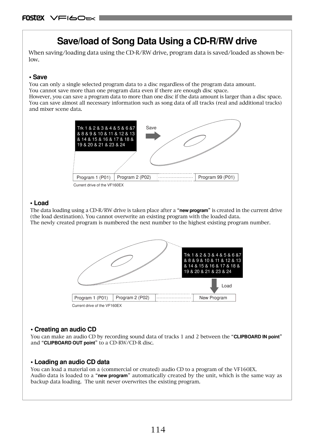 Fostex VF160EX operation manual 114, Save, Creating an audio CD, Loading an audio CD data 