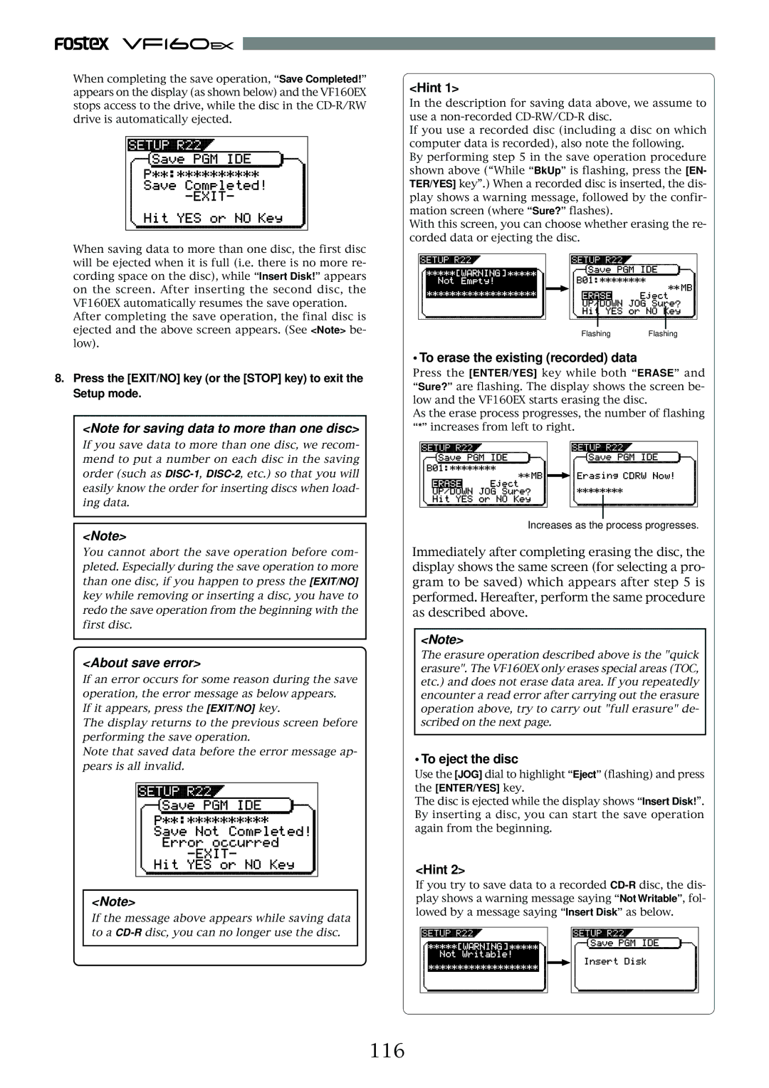 Fostex VF160EX operation manual 116, To erase the existing recorded data, To eject the disc 