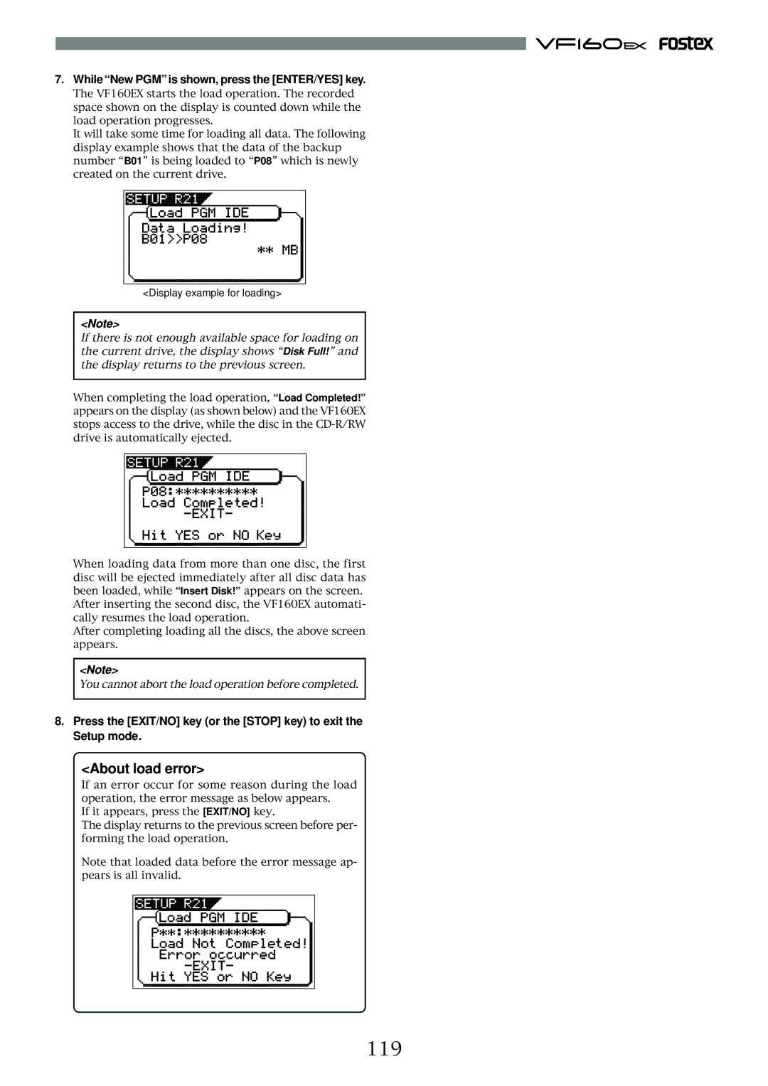 Fostex VF160EX operation manual 119, About load error, While New PGM is shown, press the ENTER/YES key 